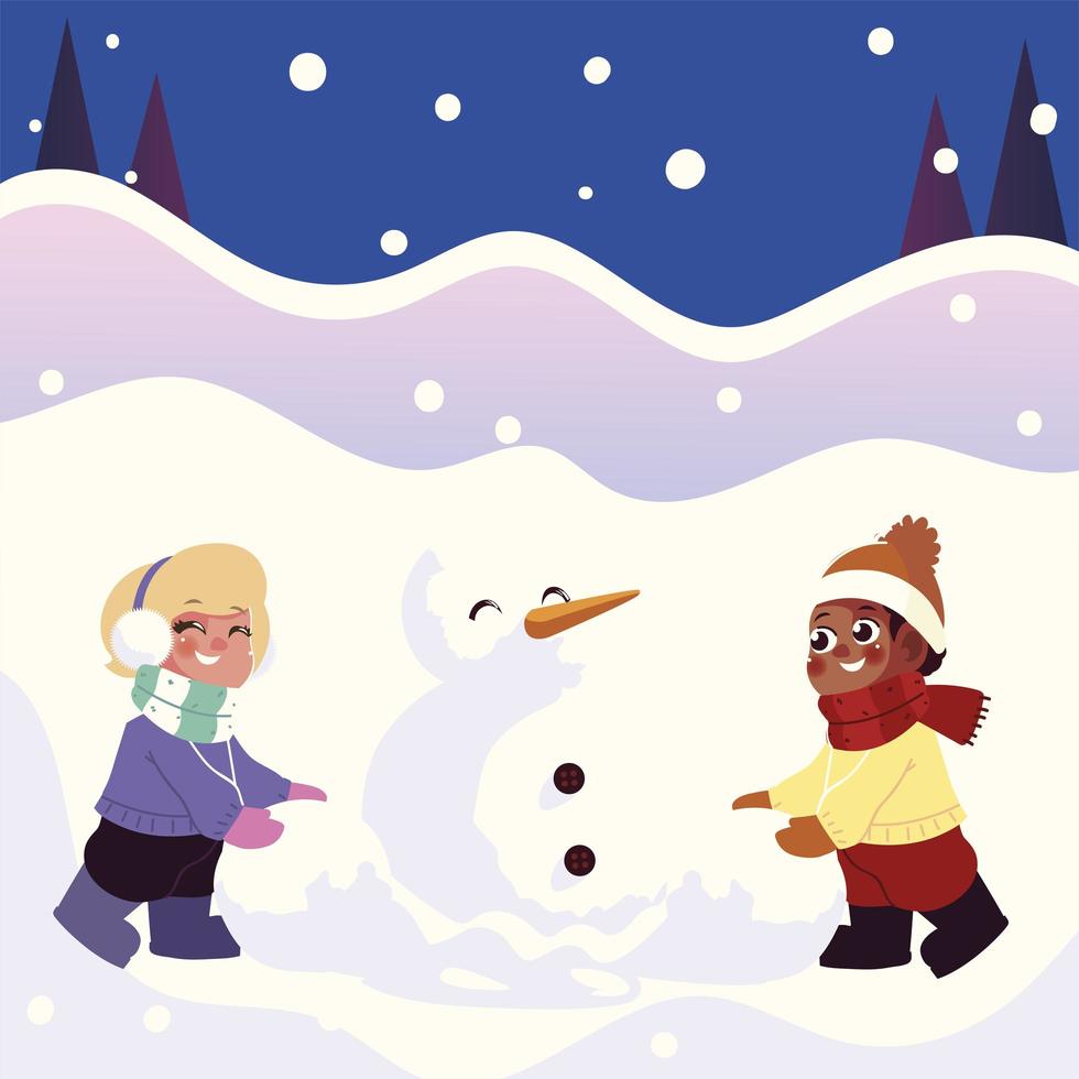 lindo niño y niña haciendo un muñeco de nieve en la escena de invierno vector