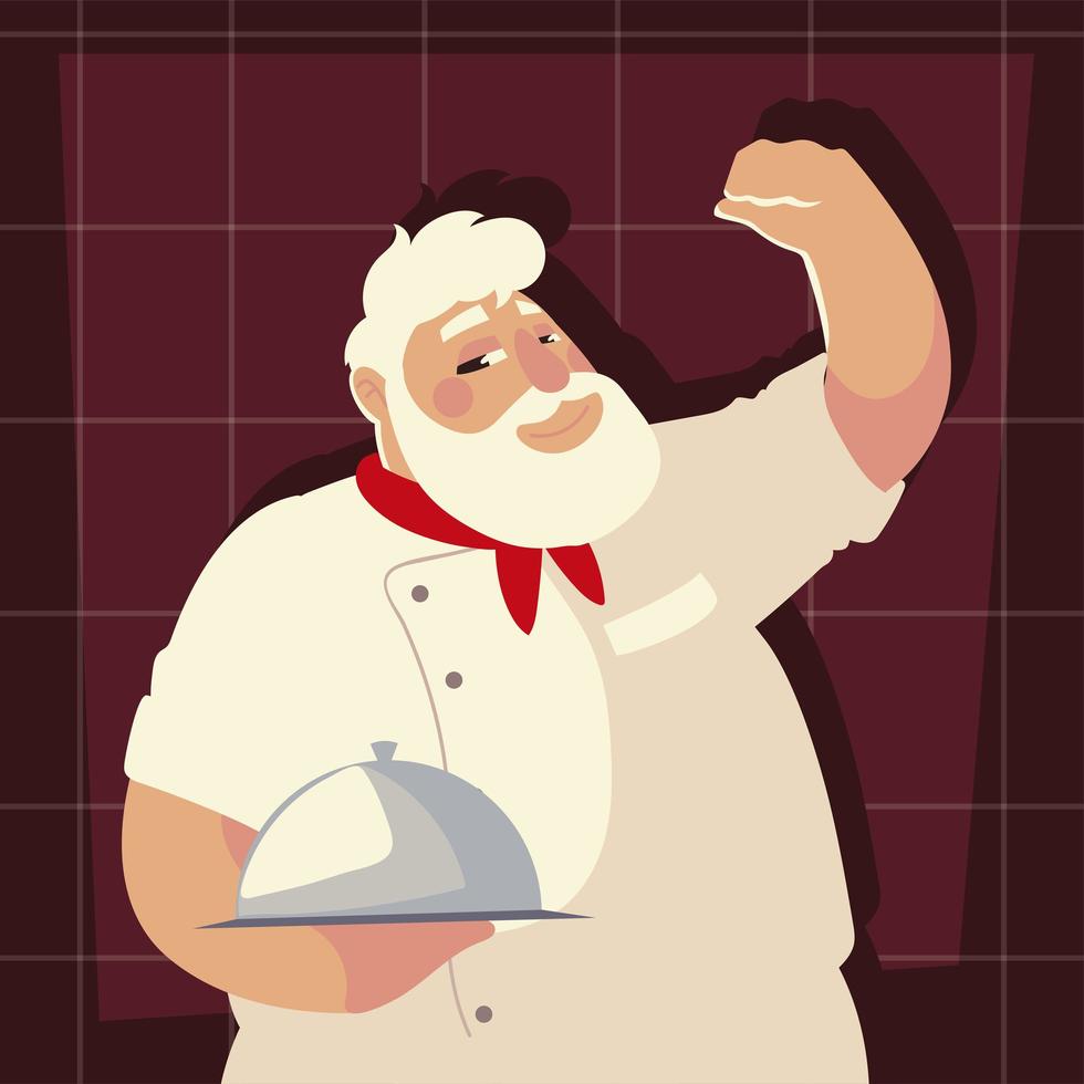 old chef with platter worker professional restaurant vector