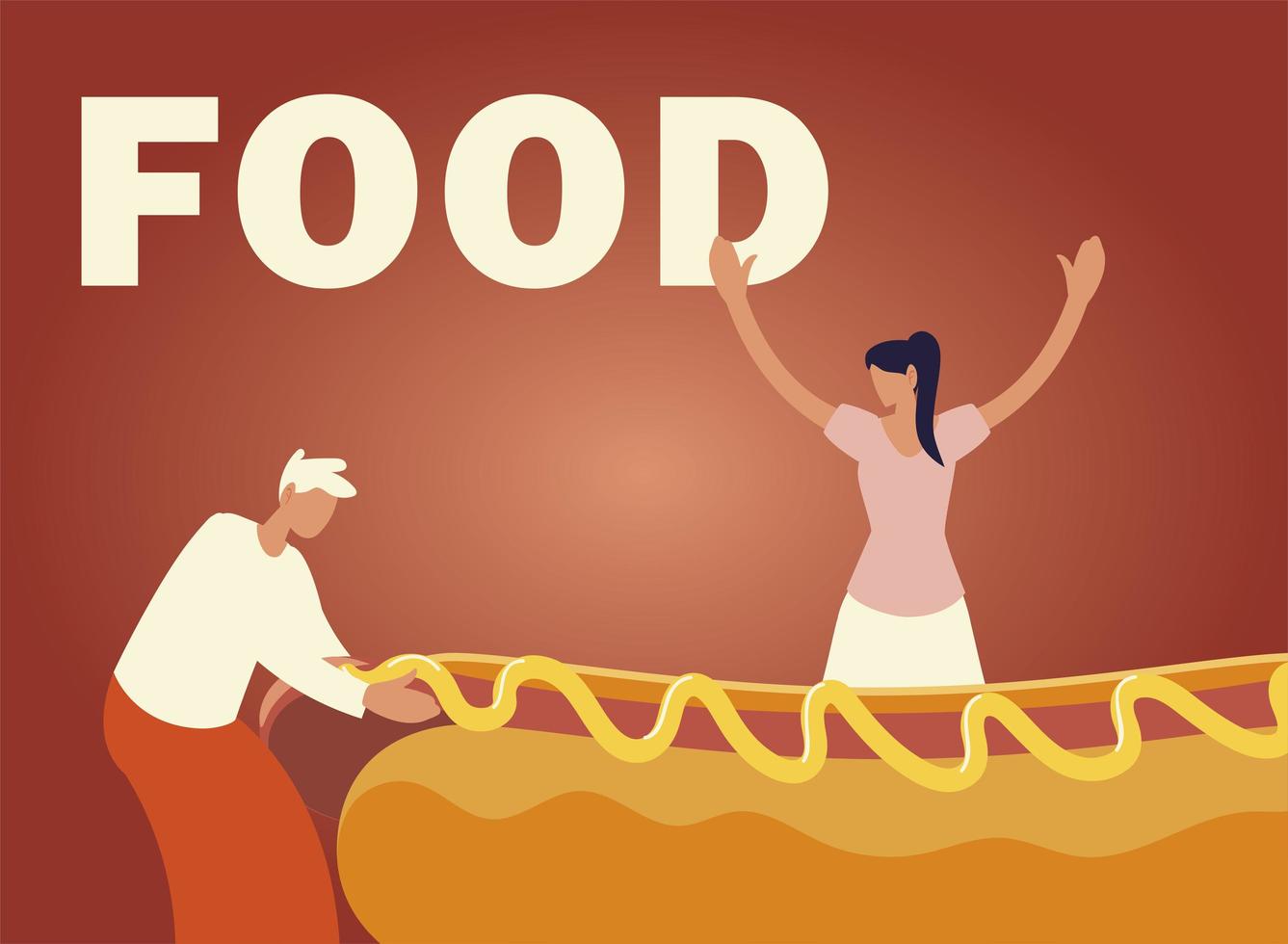 happy man and woman with hot dog with mustard food vector