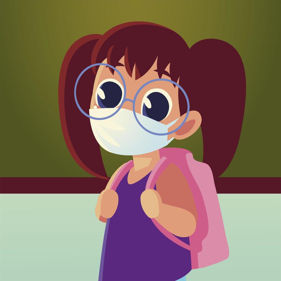 Back to school of girl kid with medical mask and glasses vector design