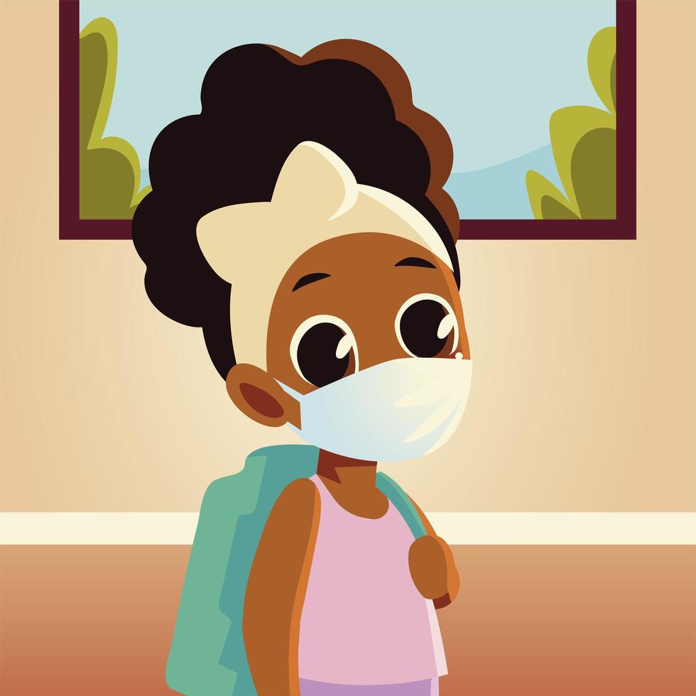 Back to school of girl kid with medical mask and bag vector design