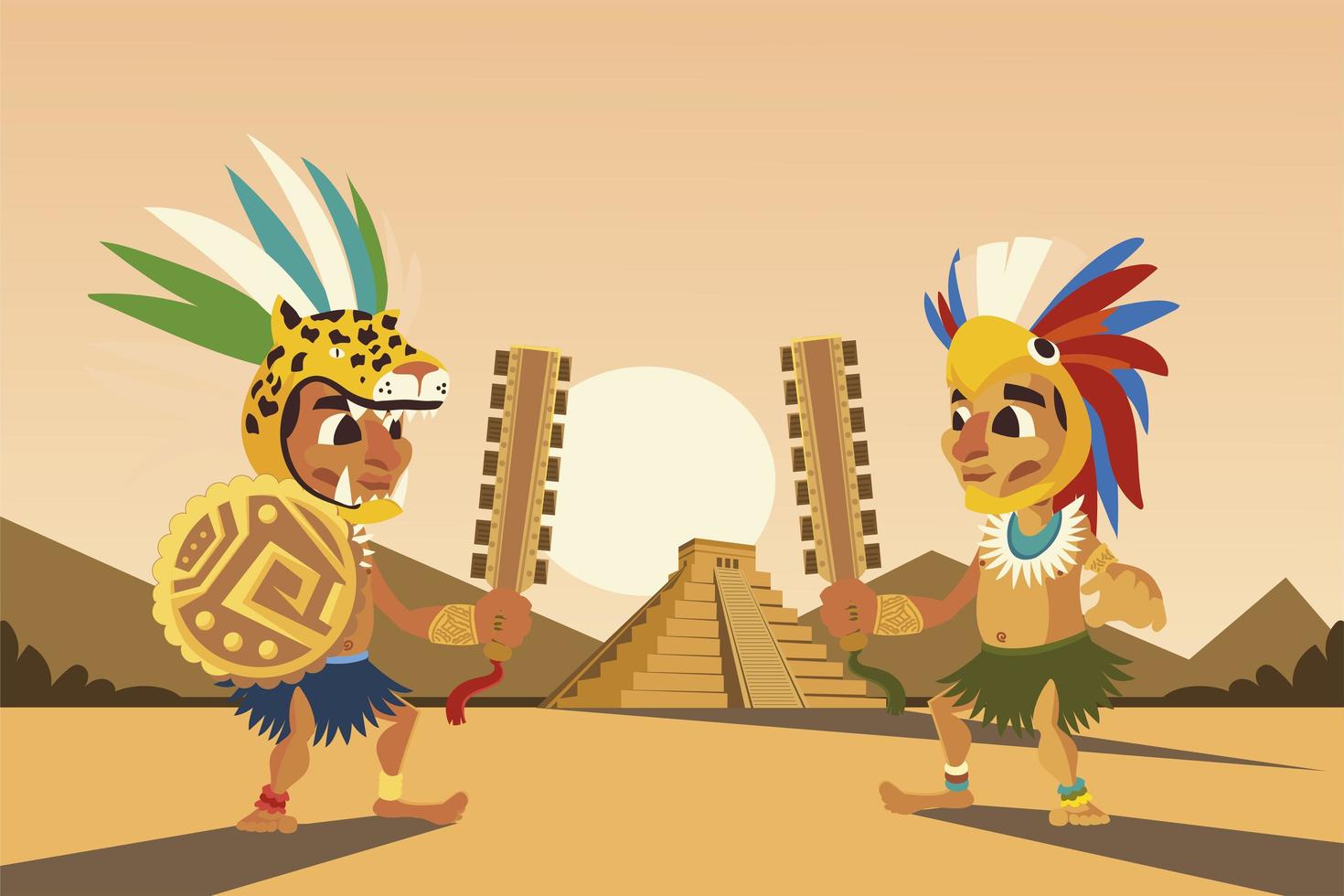 aztec warriors with headgear weapon shield and pyramid scene vector