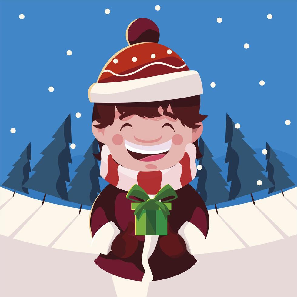 merry christmas boy kid with gift vector design