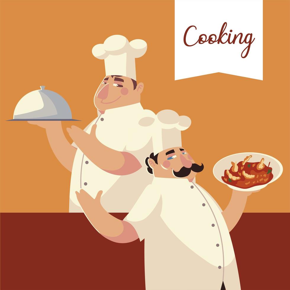 chefs with silver platter and soup worker professional restaurant vector