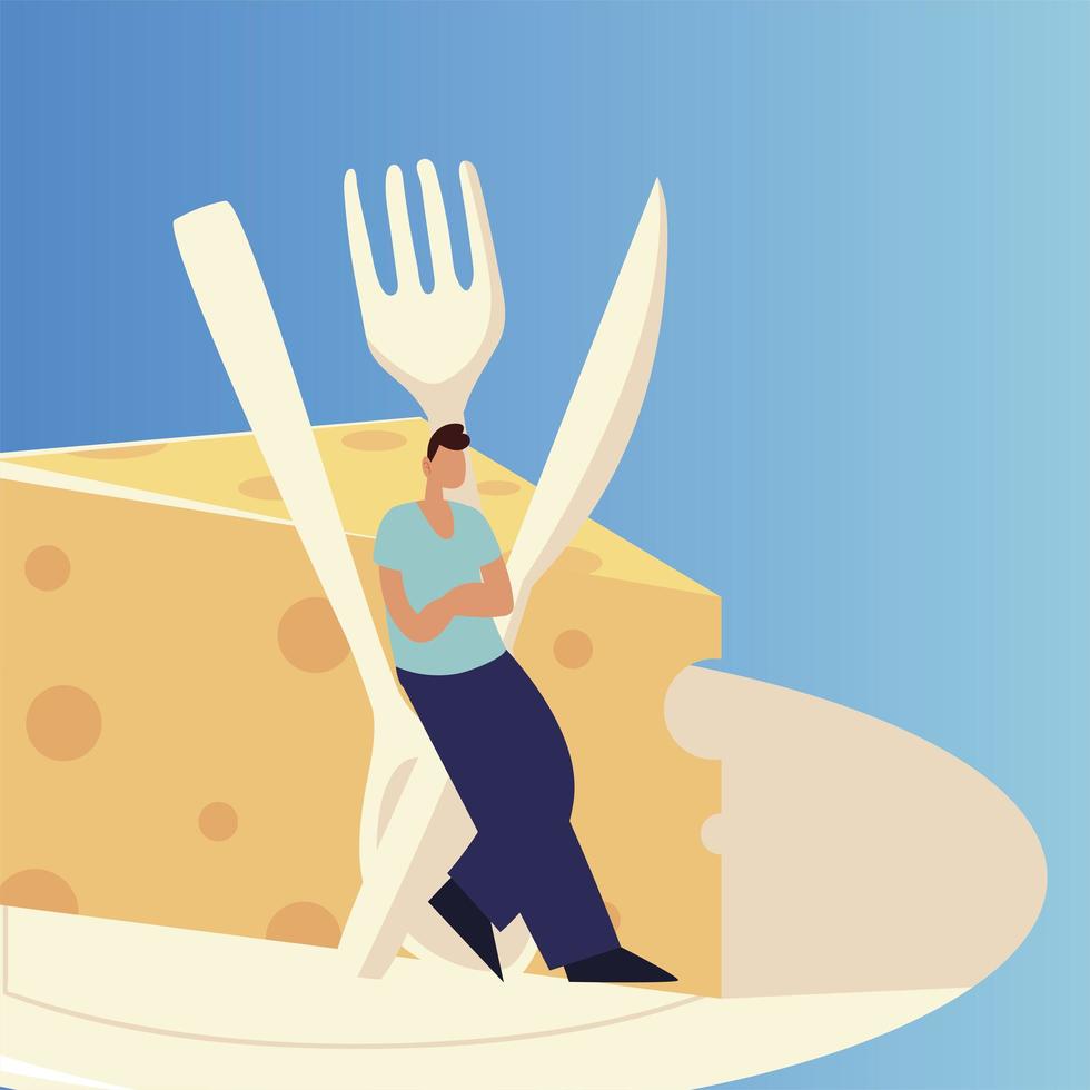 man with cutlery and cheese on dish food design vector