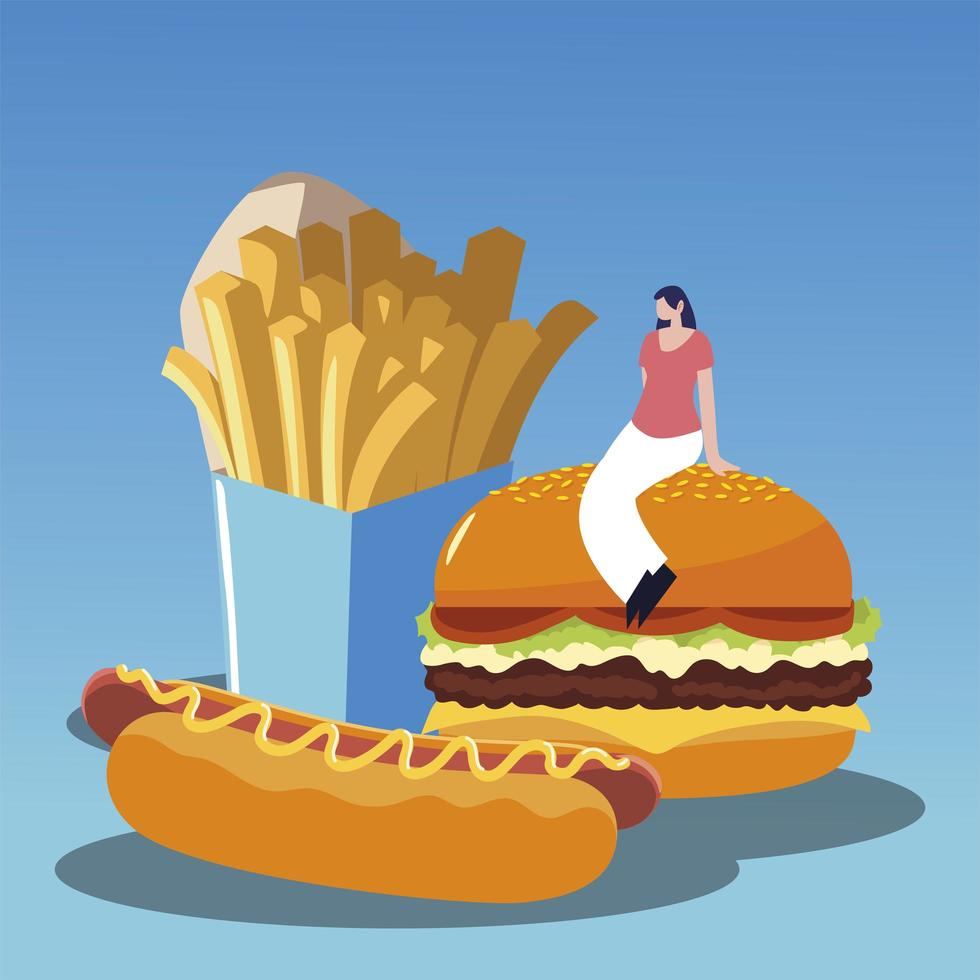 woman with burger hot dog and french fries tasty fast food vector