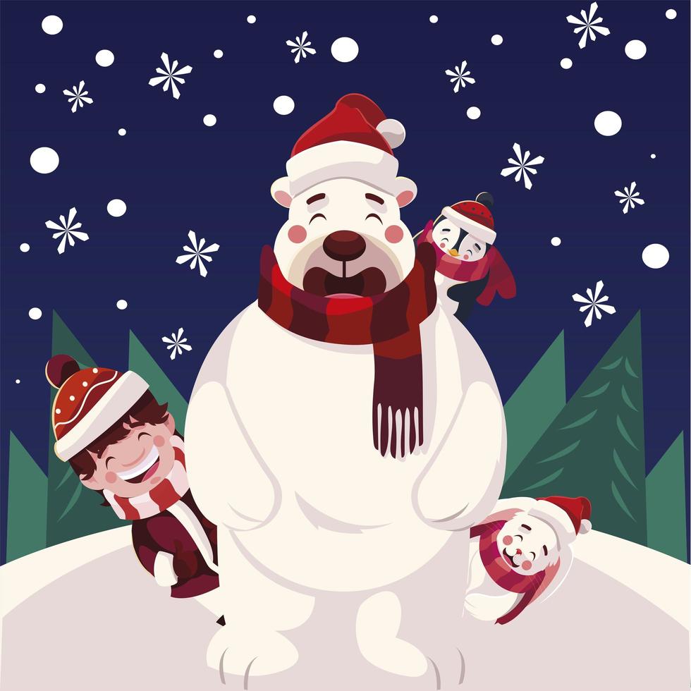 merry christmas bear boy penguin and rabbit vector design