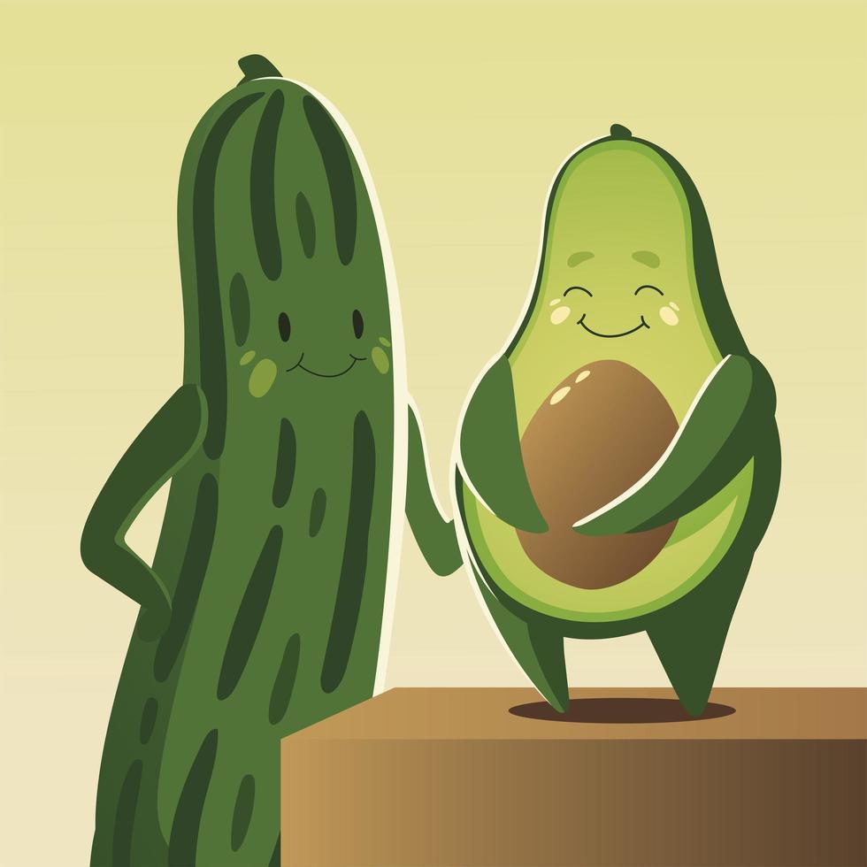 verduras kawaii lindo pepino y aguacate estilo de dibujos animados vector