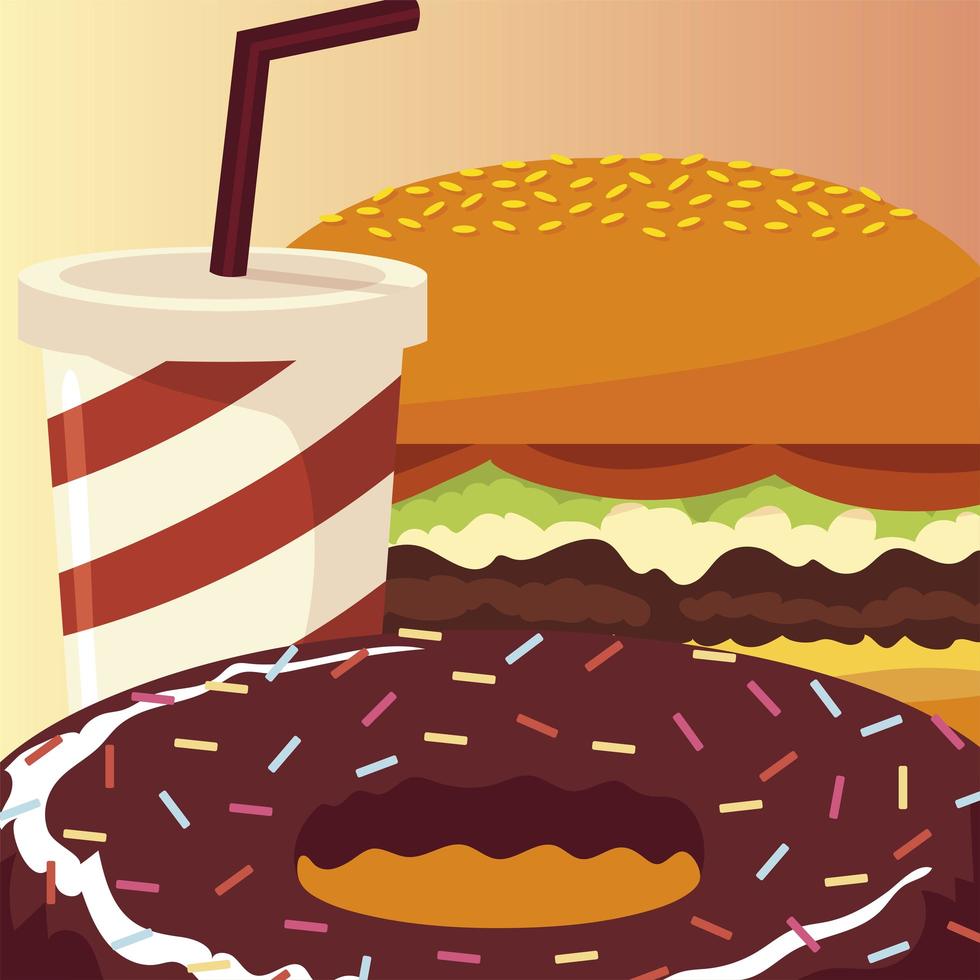 food burger chocolate donut and soda wtih straw vector