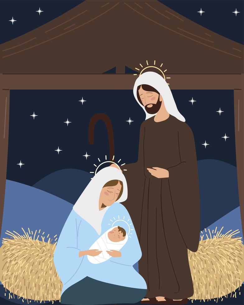 nativity with mary joseph baby in stable, night scene manger vector