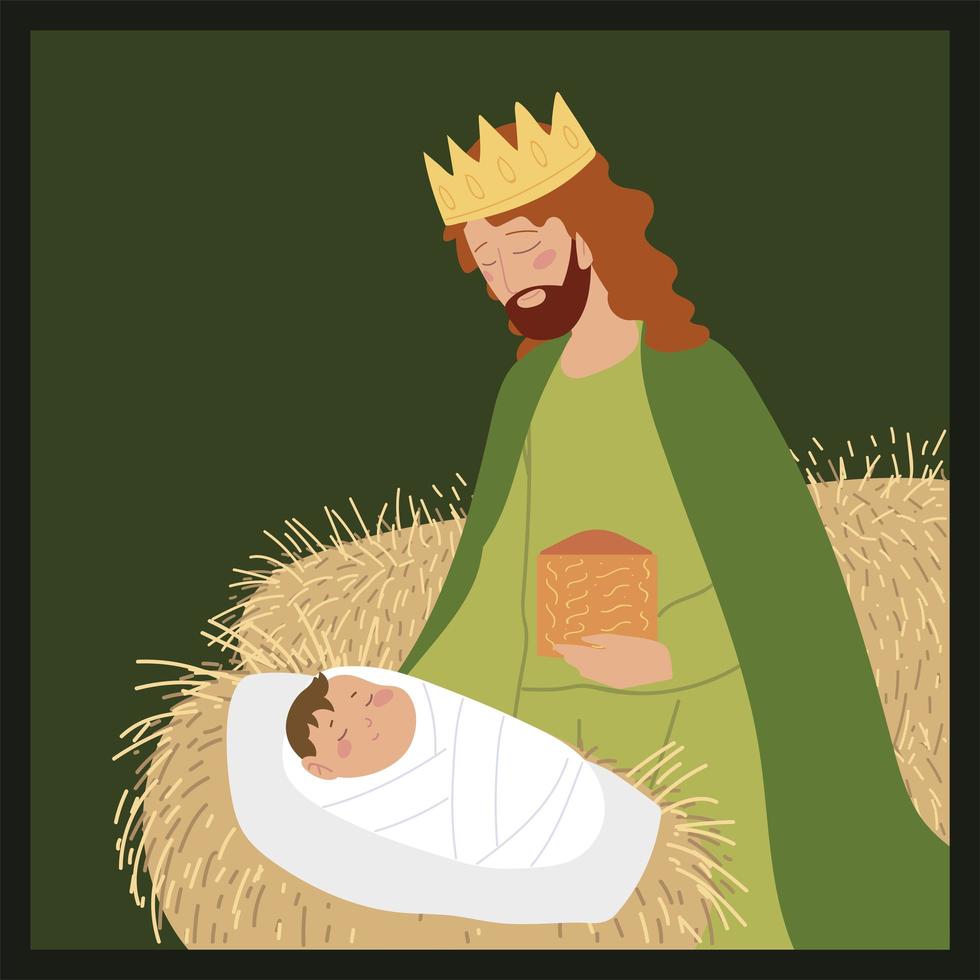 nativity baby jesus with balthazar wise king manger vector