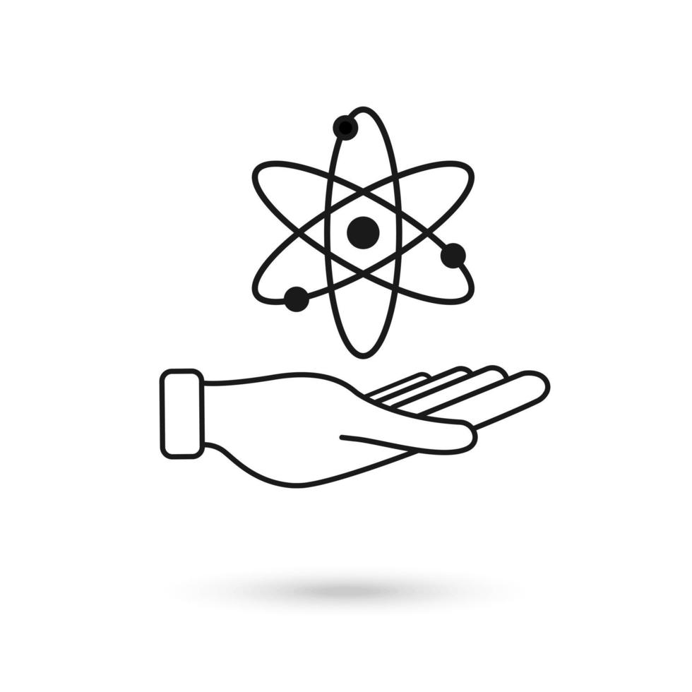 Atom sign on human hand. Vector Illustration
