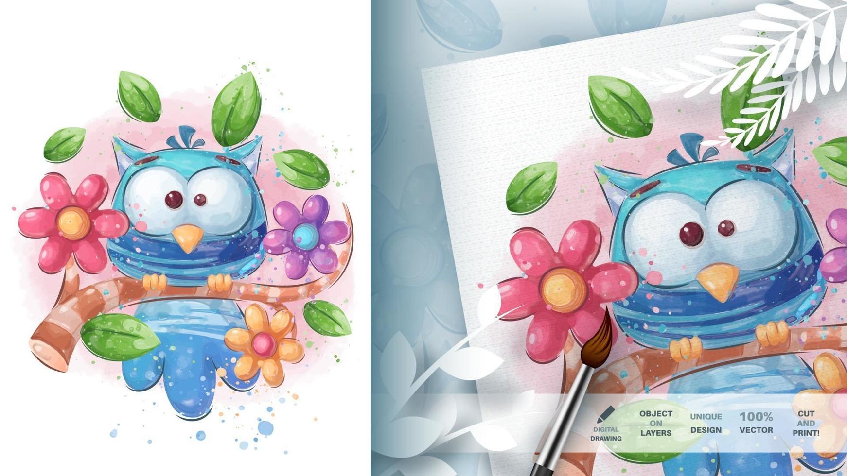 Cartoon character animal bird - watercolor illustration vector