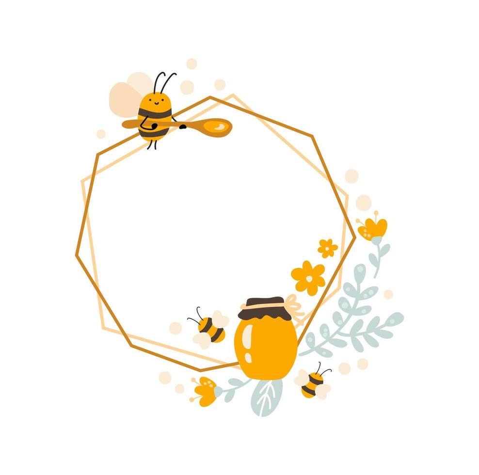 Cute kids Hexagon frame with bee and spoon, jar of honey vector