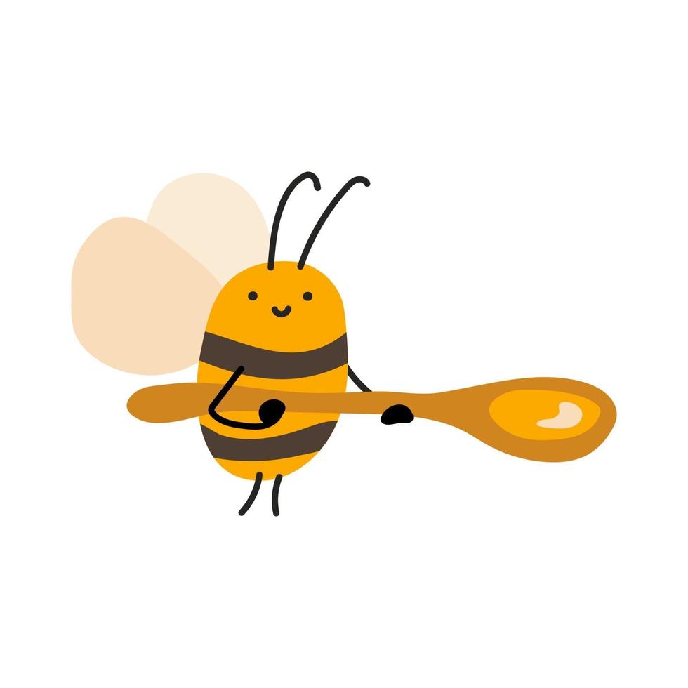Cute fat little bee with spoon in doodle style. Logo vector