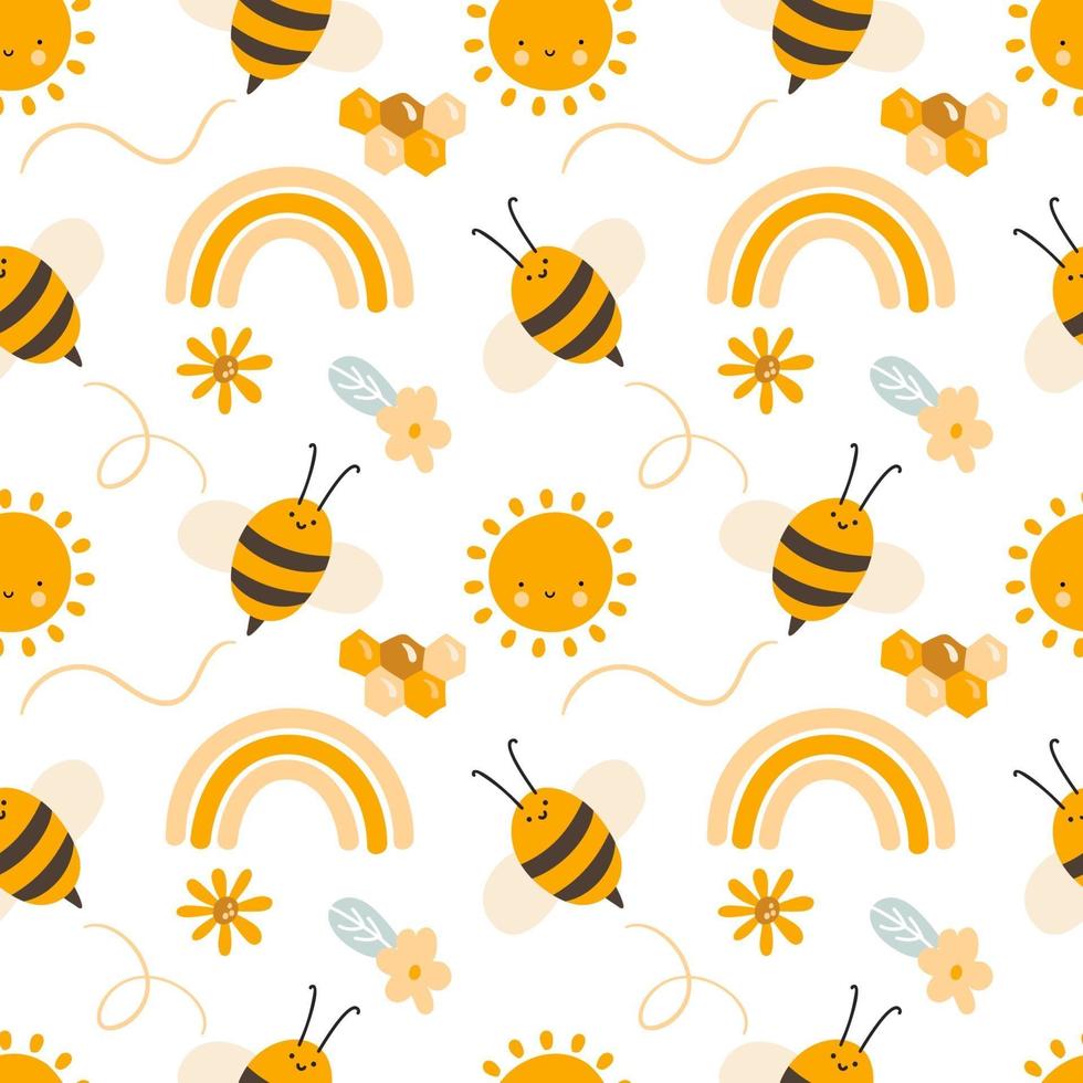 Cute child seamless hand drawn pattern with flying kid bees rainbow vector