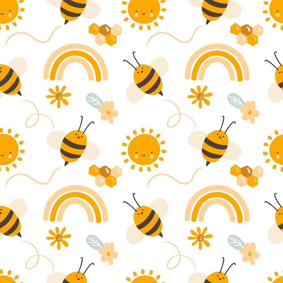 Cute child seamless hand drawn pattern with flying kid bees rainbow vector