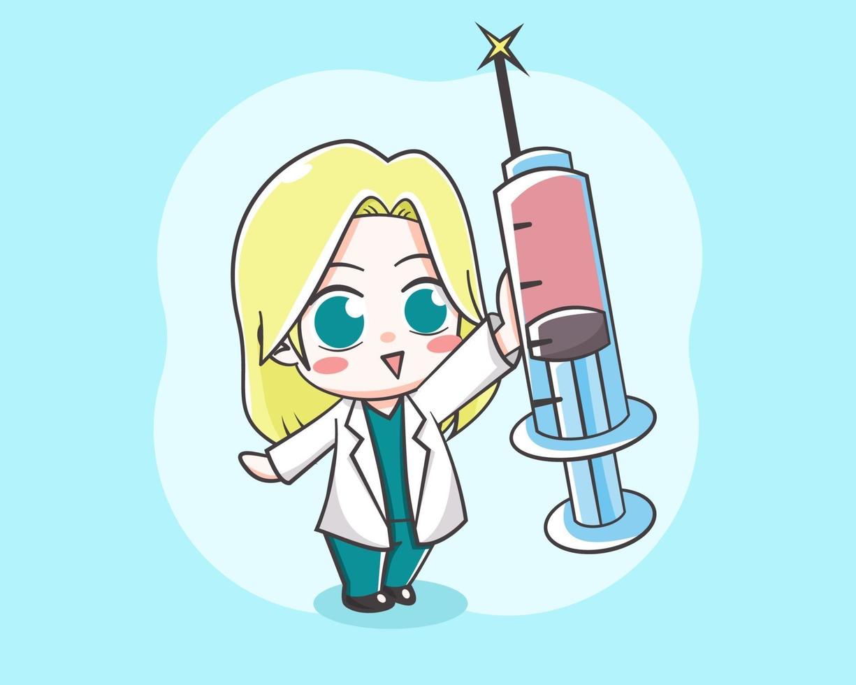 cute doctor girl holding a huge injection cartoon illustration vector