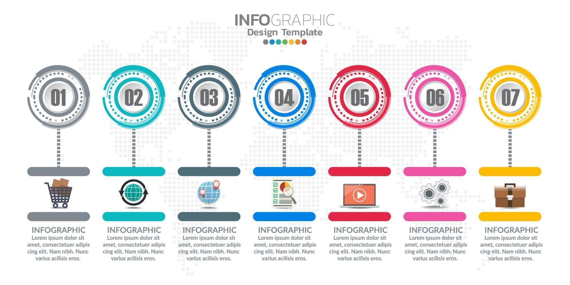 Infographic template design with 7 color options. vector