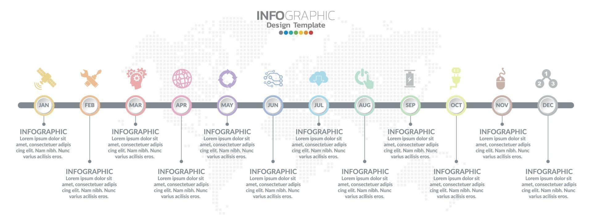 Diseño de infografías de línea de tiempo durante 12 meses con concepto de negocio. vector