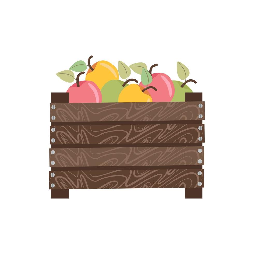 manzanas en caja de madera, cosecha de otoño. ilustración en estilo plano vector