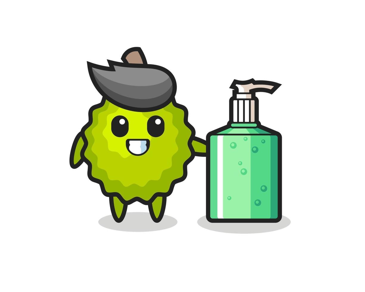 cute durian cartoon with hand sanitizer vector