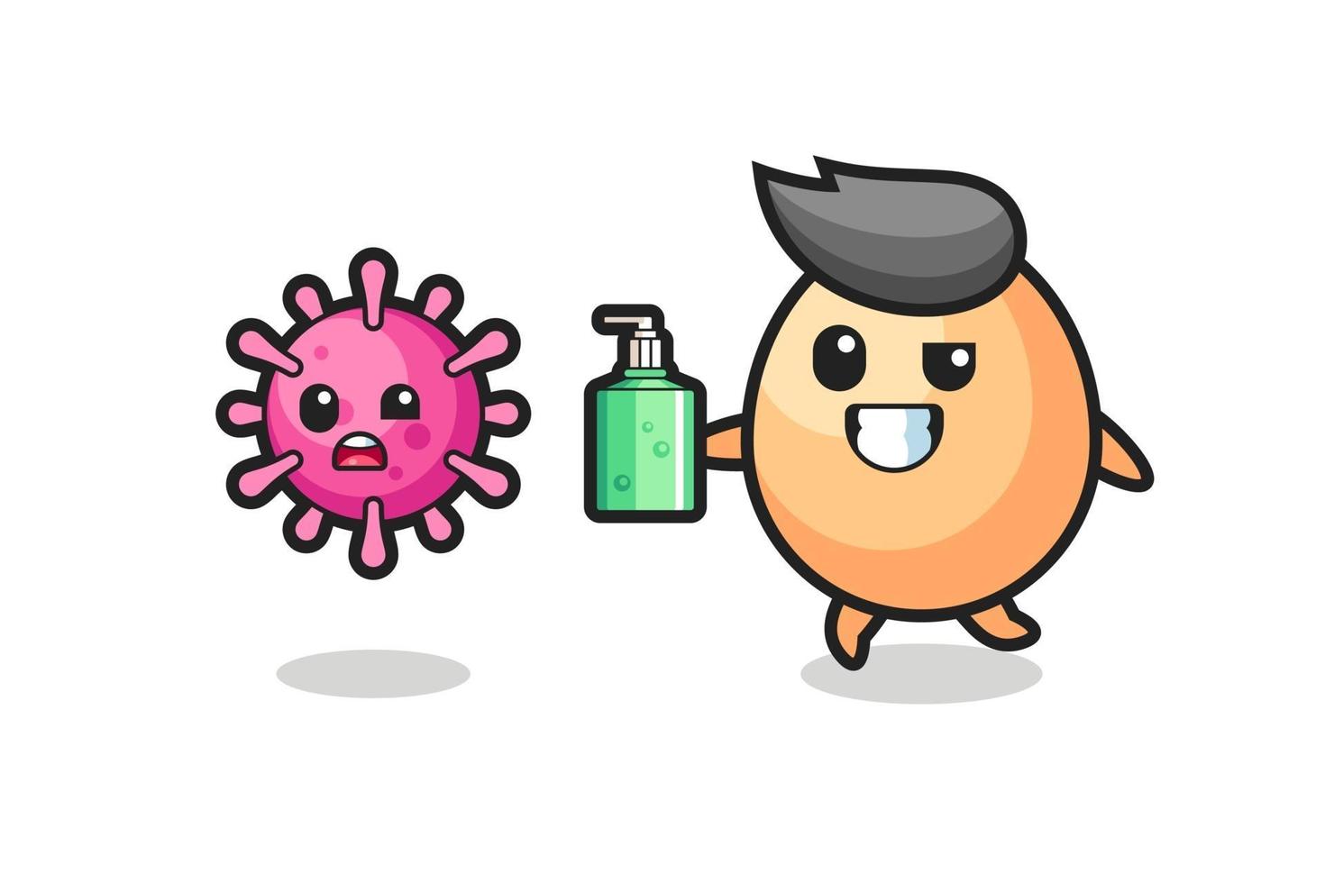 Ilustración de personaje de huevo persiguiendo virus maligno con desinfectante de manos vector