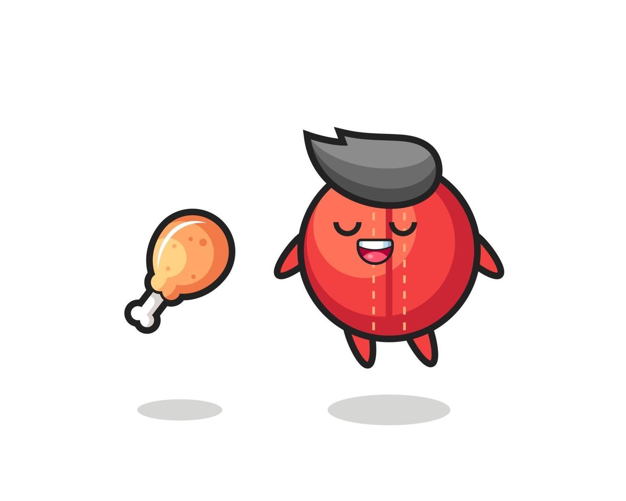 cute cricket ball floating and tempted because of fried chicken vector