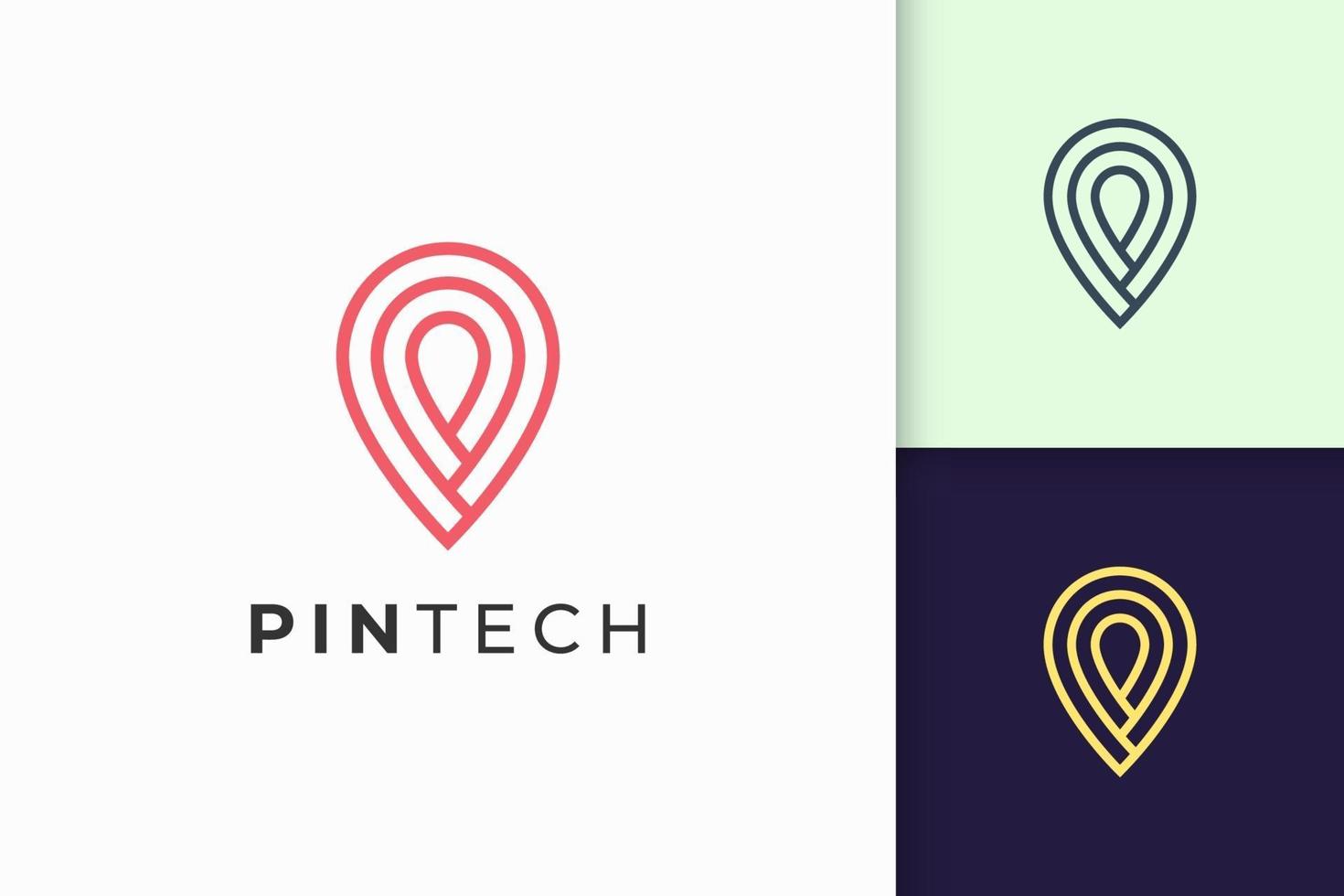 El logotipo de pin o marcador en forma de línea simple representa la tecnología. vector