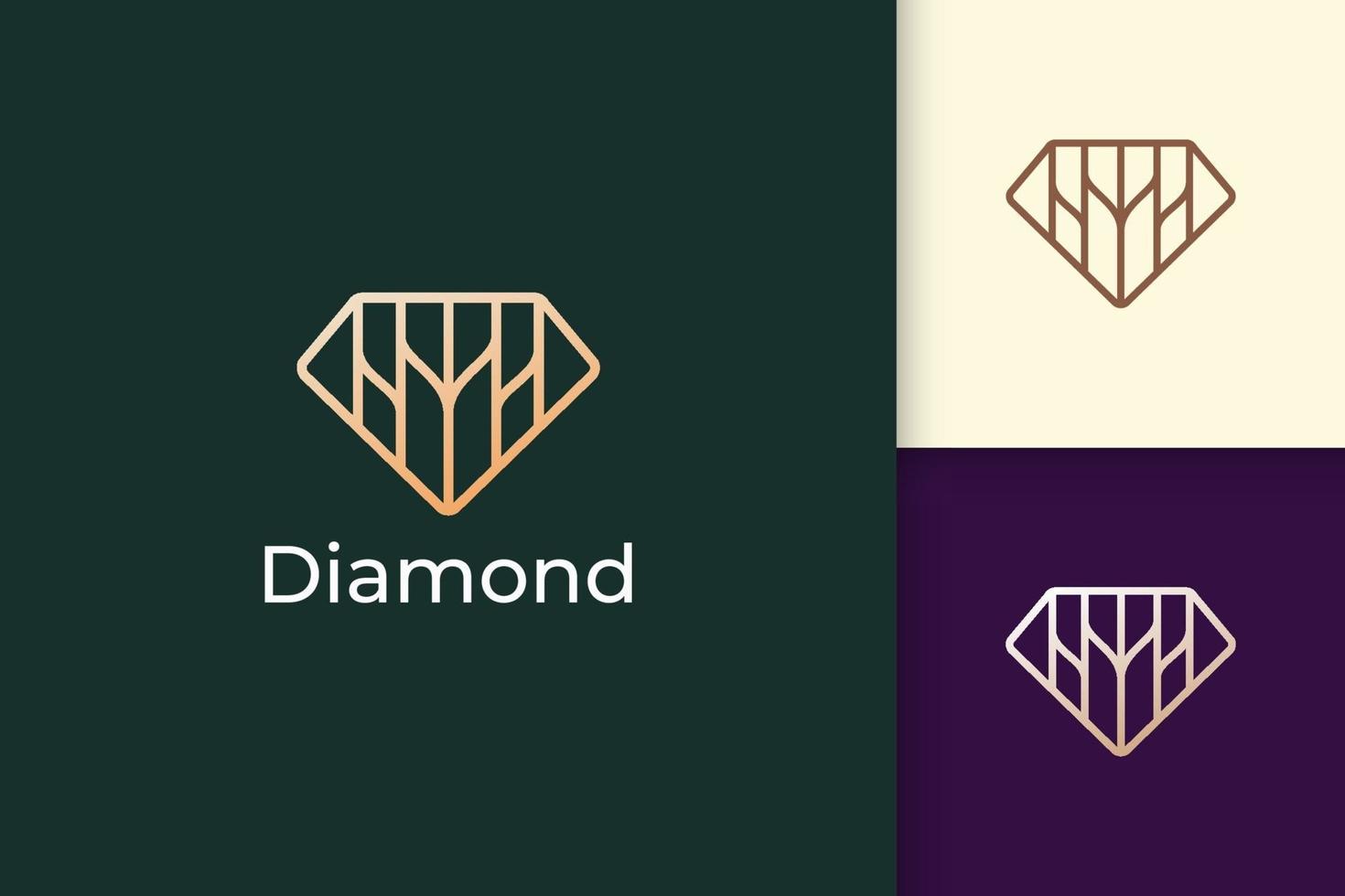 Logotipo de joya o joya de lujo en forma de línea de diamante con color dorado vector