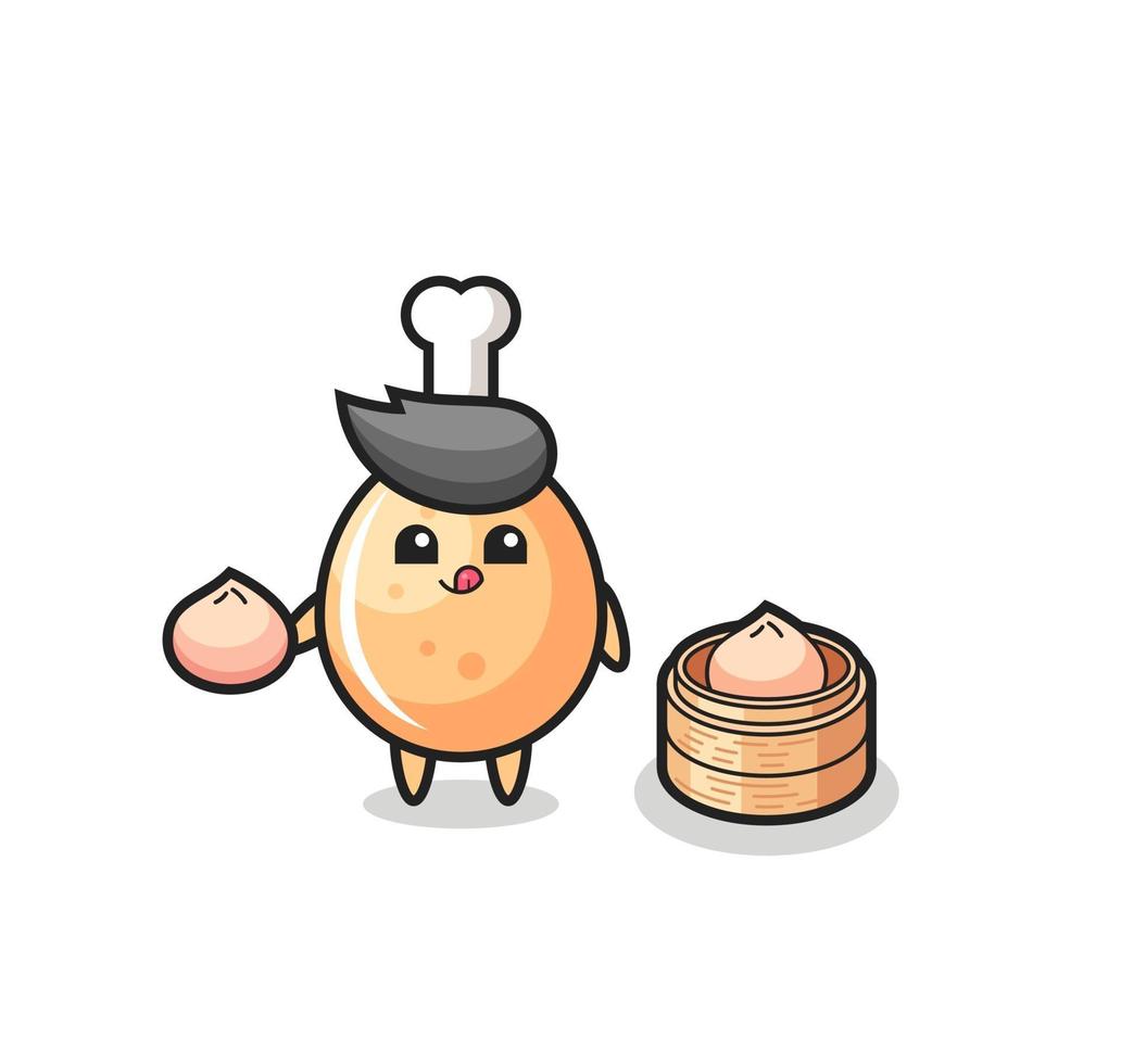 cute fried chicken character eating steamed buns vector