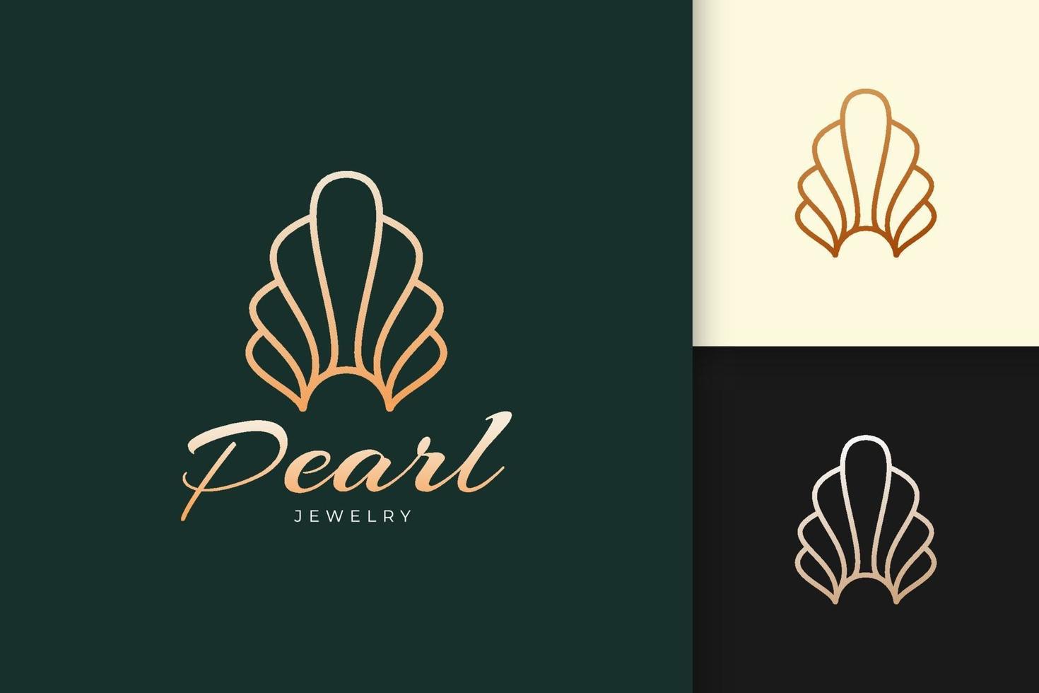 logotipo de perlas o joyas de lujo y con clase en forma de concha o almeja vector