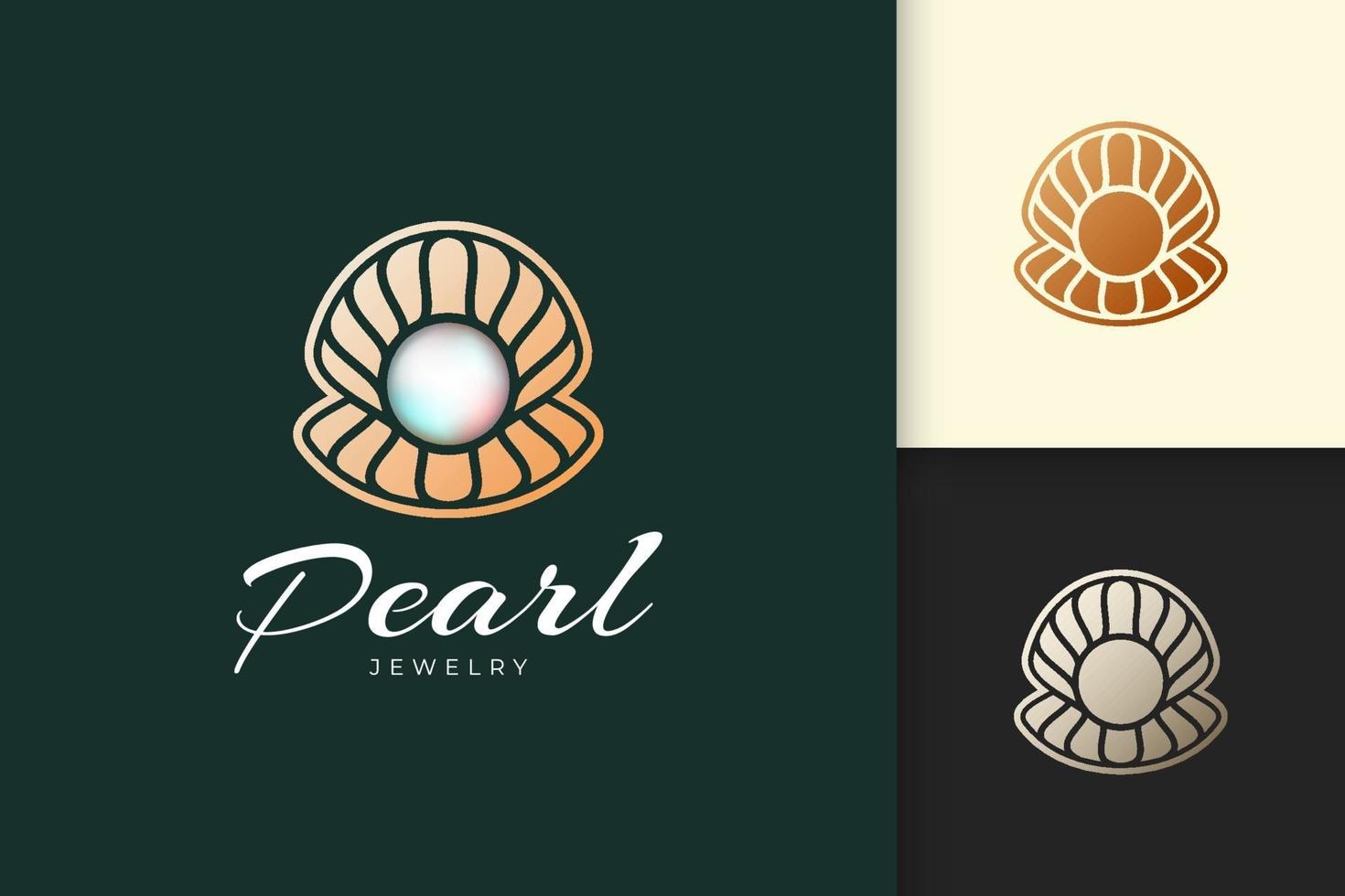 Logotipo de concha o almeja de lujo con gema de perlas para joyería o marca de belleza vector