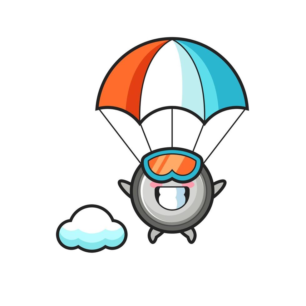 Caricatura de mascota de celda de botón es paracaidismo con gesto feliz vector