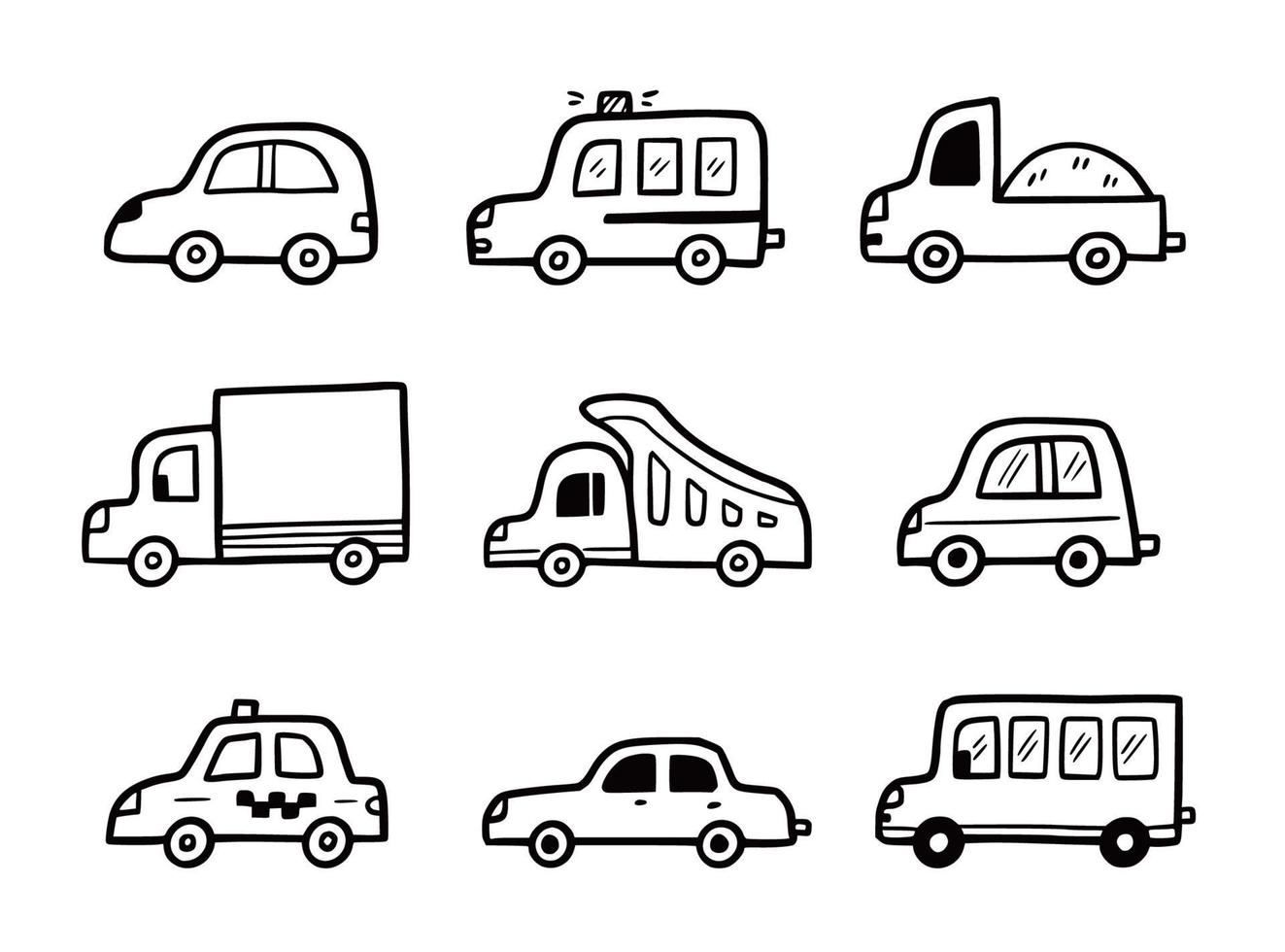 Doodle car set. Funny sketch vector