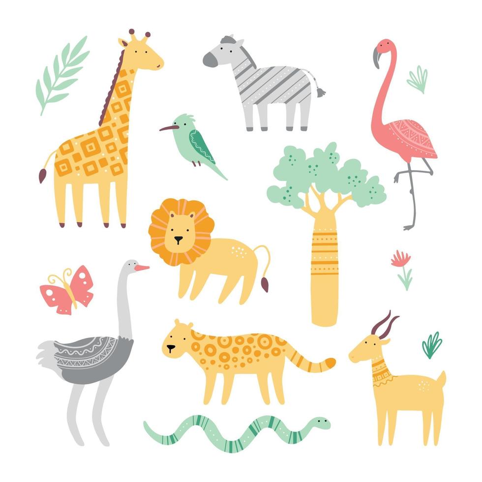 Set of cute african zoo animals vector