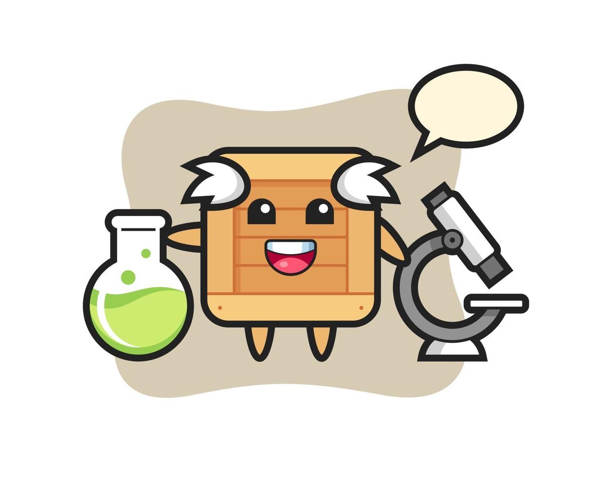 Personaje de mascota de caja de madera como científico. vector
