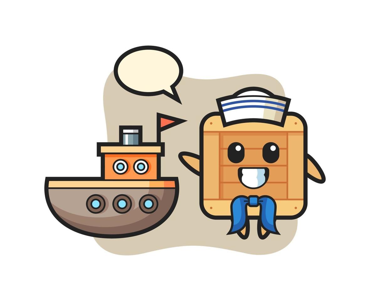 Mascota de personaje de caja de madera como marinero. vector