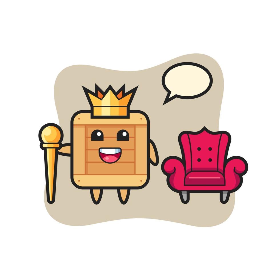 mascota de dibujos animados de caja de madera como un rey vector