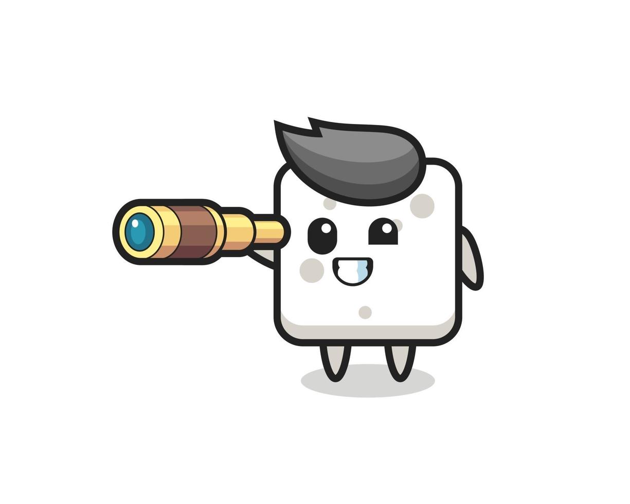 cute sugar cube character is holding an old telescope vector
