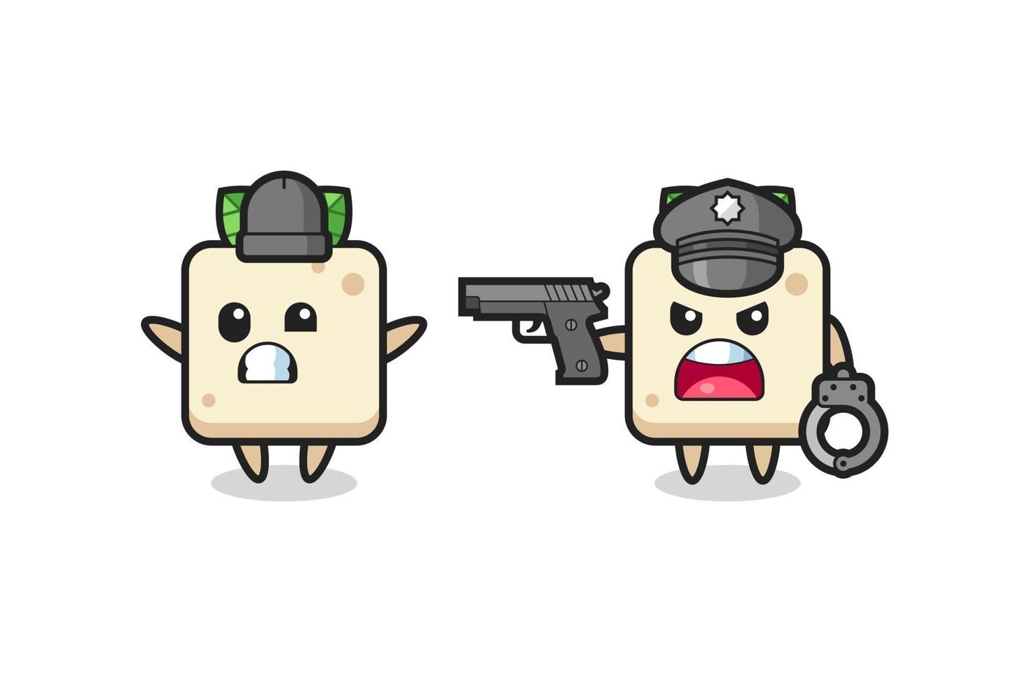 illustration of tofu robber with hands up pose caught by police vector
