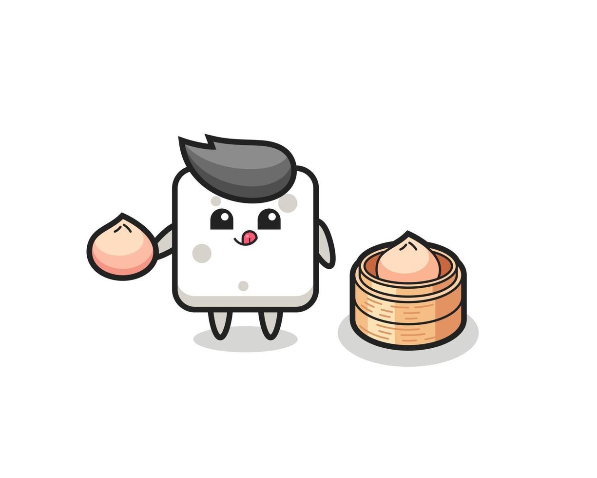 cute sugar cube character eating steamed buns vector