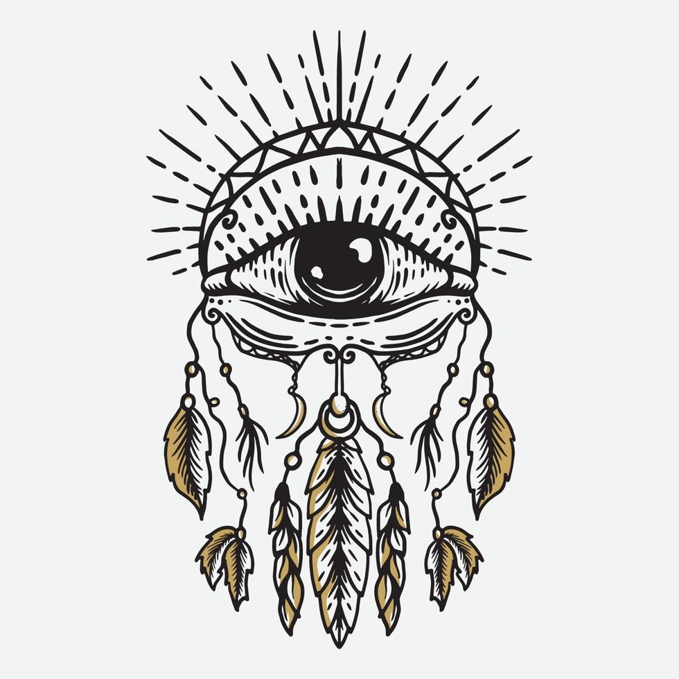 Hand drawn illustration of all seeing eye with ethnic feathers vector