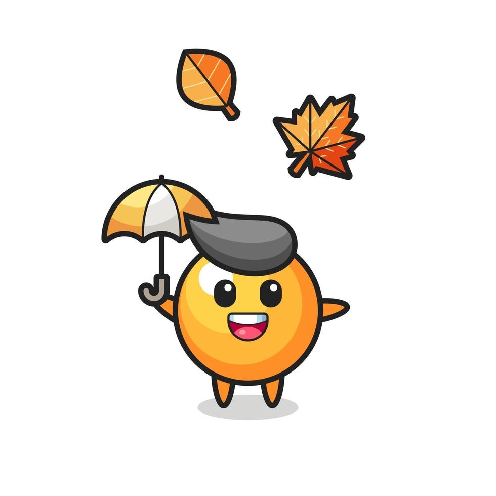 caricatura de la linda pelota de ping pong sosteniendo un paraguas en otoño vector