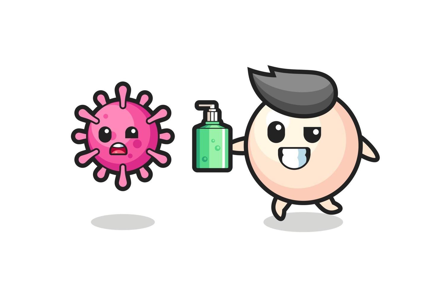 Ilustración del personaje de la perla persiguiendo el virus maligno con desinfectante de manos vector