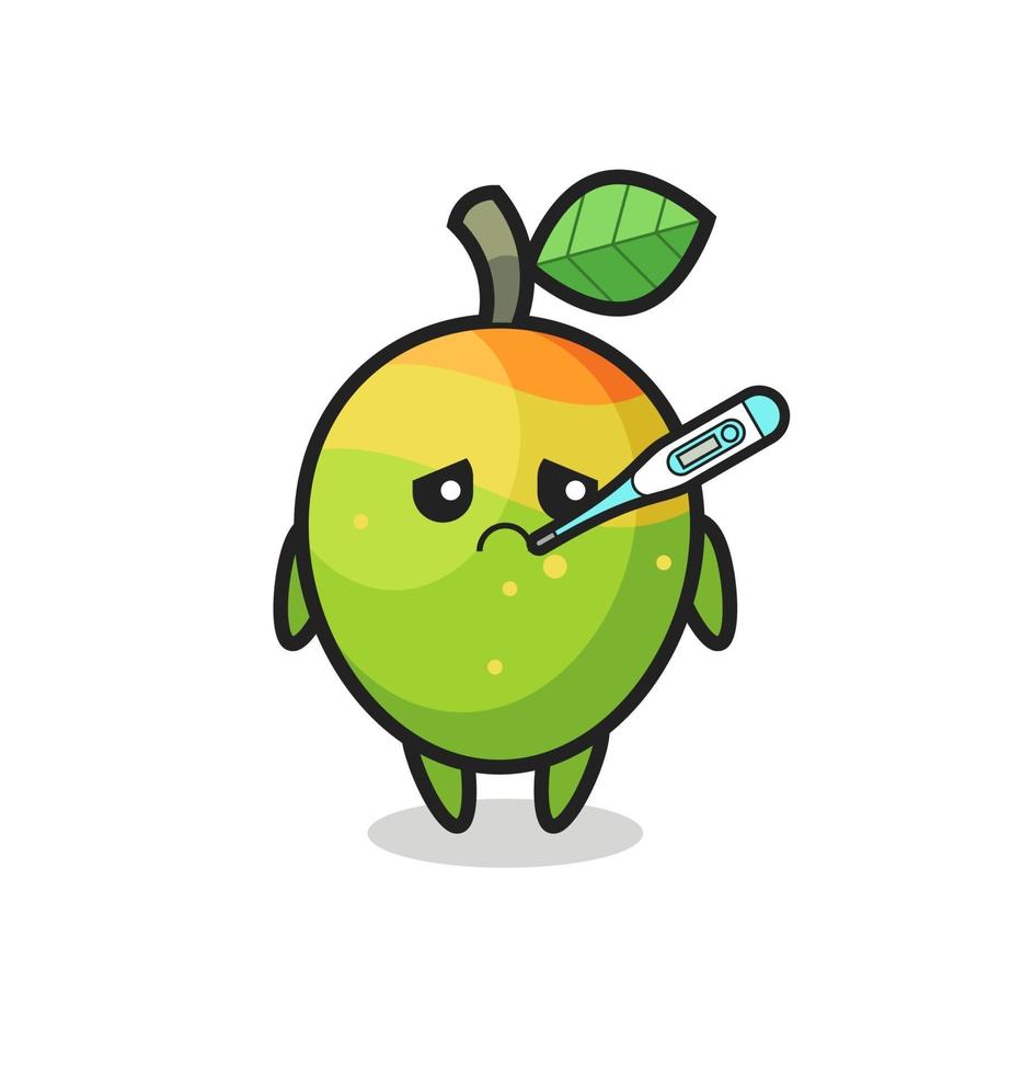 Personaje de mascota de mango con condición de fiebre. vector