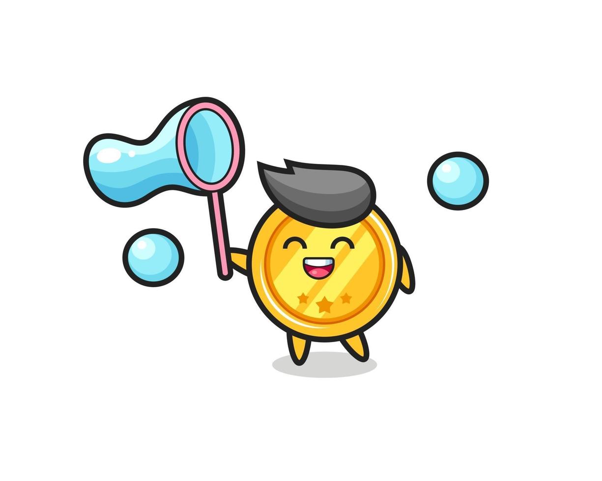 happy medal cartoon playing soap bubble vector