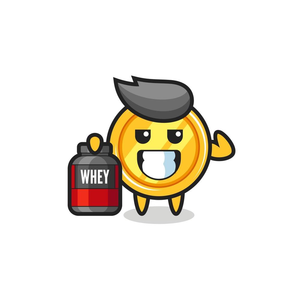 the muscular medal character is holding a protein supplement vector