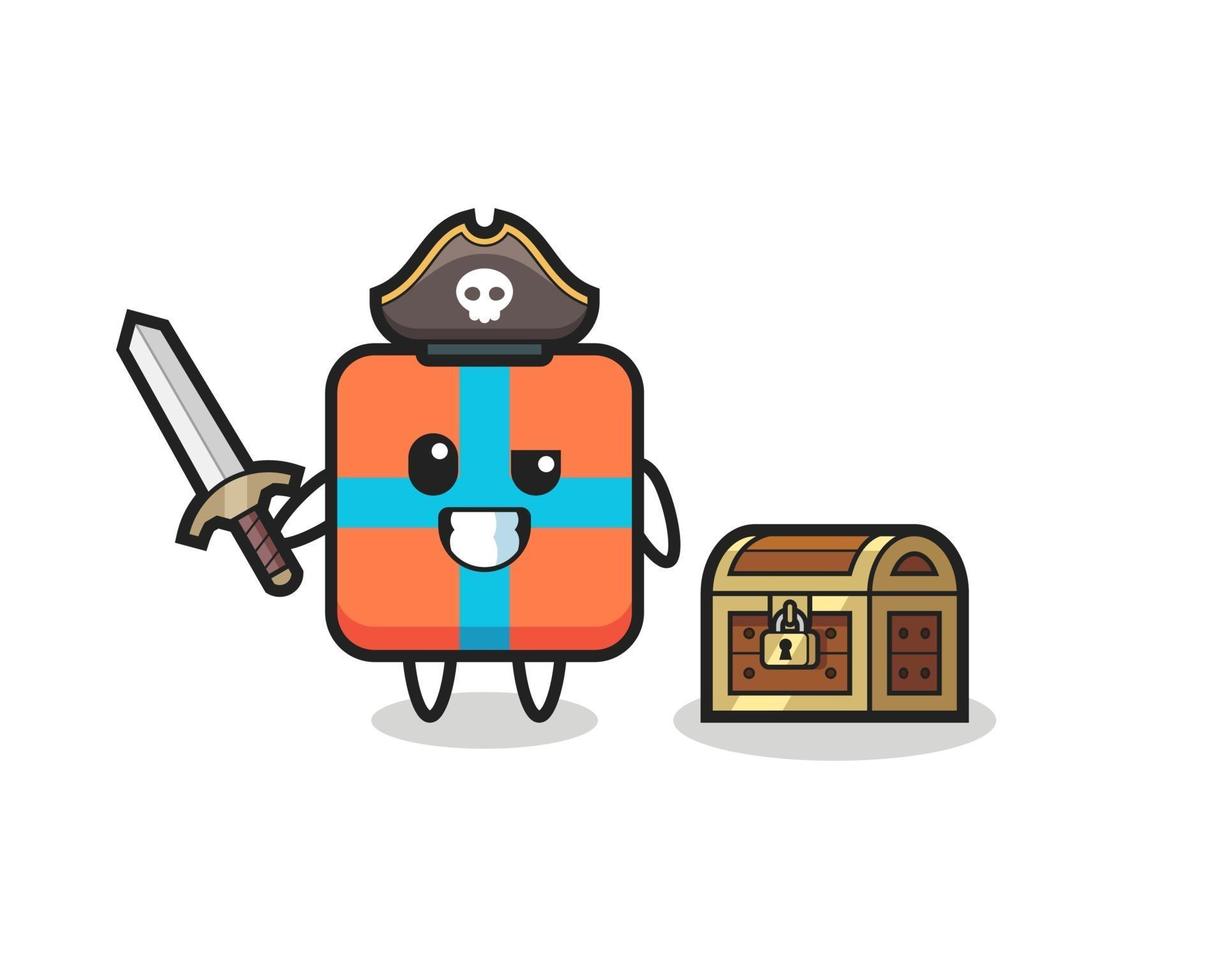 el personaje pirata de la caja de regalo sosteniendo la espada al lado de un cofre del tesoro vector