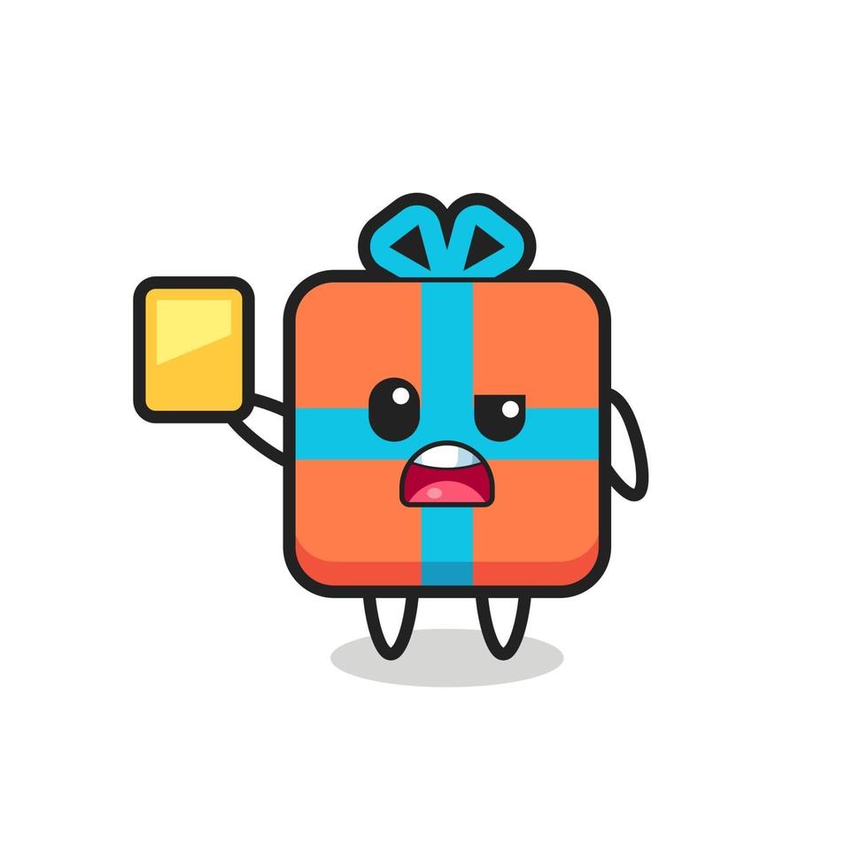 cartoon gift box character as a football referee giving a yellow card vector